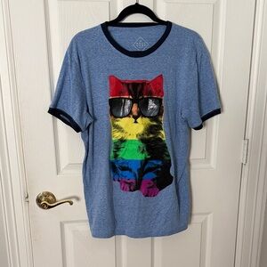 Men’s Well Worn Blue Cat PRIDE Tee with Sunglasses MEDIUM LGBTQ